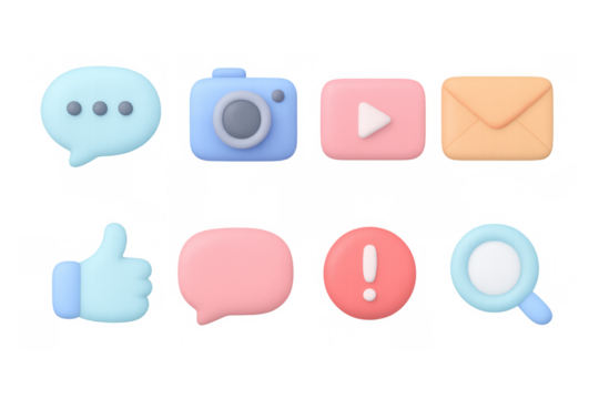 3d social media icons set with communication and multimedia elements