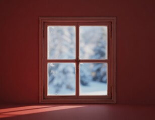 Fototapeta premium Bright snowy winter landscape view through a classic four-pane window with white frame in a cozy red room