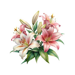 Naklejka premium Elegant Bouquet of Pink and White Lilies with Lush Green Leaves Artwork