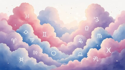 Pastel clouds with zodiac constellation symbols floating in dreamy sky. Generative AI.