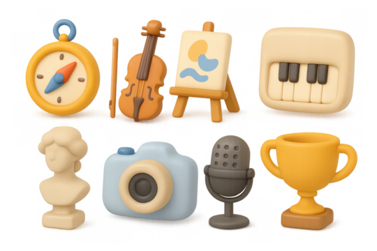 Delightful 3d music and art objects collection in soft pastel tones