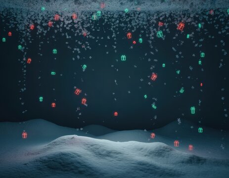 Digital rain of glowing alphanumeric characters falling over snowy landscape under cosmic night sky in futuristic sci-fi scene