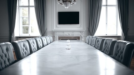 A long, polished conference table dominates a stately room, suggesting important discussions and strategic planning within a formal, sophisticated setting, evoking a sense of power.