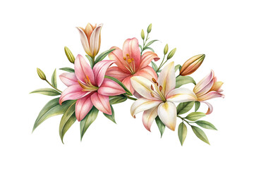 Watercolor Painting of Pink and White Lilies on a White Background