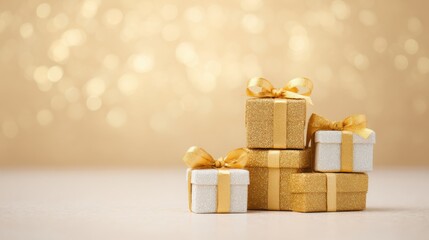 A stack of gold and white boxes with a bow on top