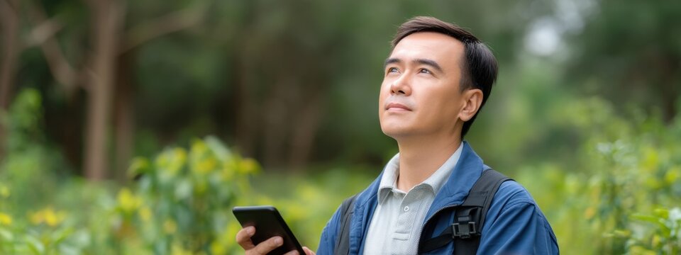 Young Man Using Smartphone in Lush Green Forest Setting