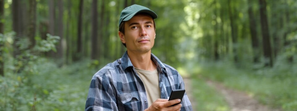 Young Man Using Smartphone in Peaceful Forest Setting