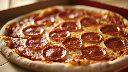 Close-up of a pepperoni pizza in a cardboard box