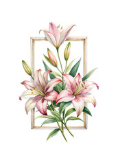 Watercolor lilies arrangement with golden frame illustration on white background
