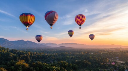 Naklejka premium Colorful hot air balloons soar over misty mountain landscape at sunrise