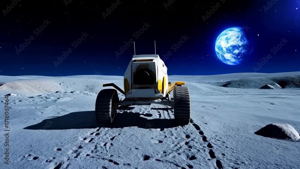 Poster robotic exploration vehicle positioned on lunar terrain with earth visible in background. tracked ve