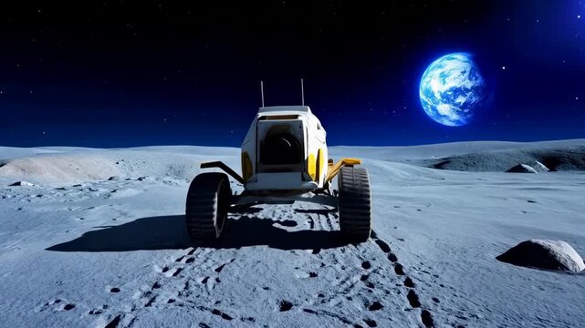 Robotic exploration vehicle positioned on lunar terrain with Earth visible in background. Tracked vehicle with white and yellow design sits on cratered moonscape under starry night sky