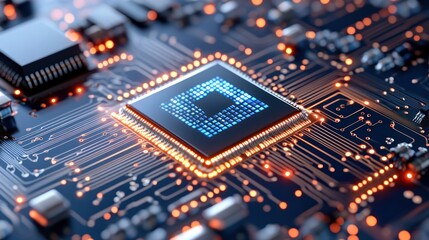 Close-up of a computer processor on a circuit board, glowing with orange and blue light