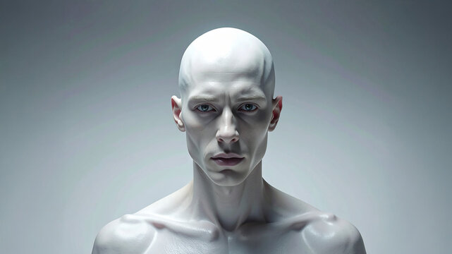 A captivating and minimalist portrait of a bald, androgynous figure with alabaster skin and piercing eyes, conveying a futuristic and ethereal aesthetic of artificial intelligence or a higher being.