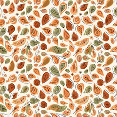 Scattered Mosaic Ikat Paisley Floral Seamless Pattern in Terracotta and Sage Green