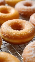 Delicious glazed donuts on a cooling rack close up ready to eat fresh dessert treat