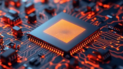 Obraz premium Close-up of a glowing CPU on a circuit board