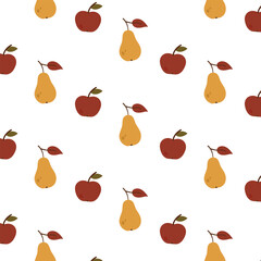 Seamless pattern with red apples and yellow pears for autumn fruit design