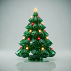 Festive Christmas Tree Decorated with Bright Lights Red Ornaments Green Tinsel and a Golden Star on Top in a Cozy Indoor Setting