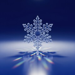 Close-up of a detailed snowflake resting on water surface with colorful reflections against dark blue background