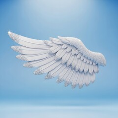 Elegant white angel wing sculpture with detailed feathers and sparkles, floating against soft blue background for spiritual or artistic themes