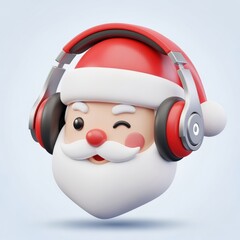 Cute Santa Claus head wea large over-ear headphones with a playful wink and cheerful expression on light background