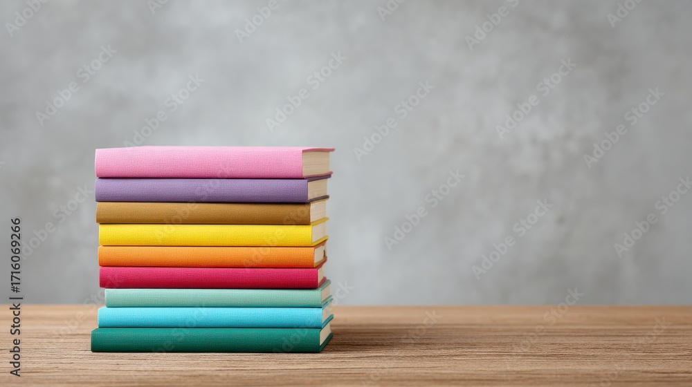 Poster a stack of books with different colors on top of a wooden table
