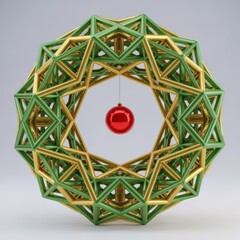Modern geometric Christmas wreath made of green and gold interconnected triangular rods with a red hanging ornament on a plain background