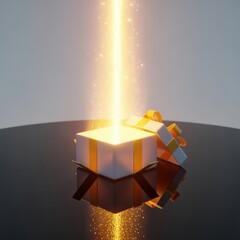 Fantasy Magical Gift Box with Glitte Light Sparkles and Ribbon Bow on Reflective Surface for Celebration Surprise and Special Occasion