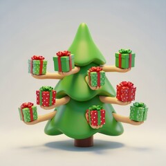 Whical 3D Cute Christmas Tree with Brightly Decorated Potted Presents and Soft Pastel Background for Holiday Celebration Theme