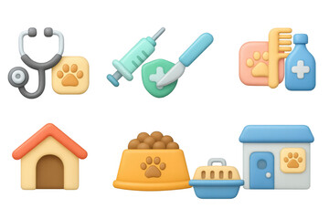 Cute 3d pet care icons featuring vet tools, grooming items, and pet supplies