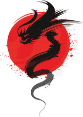 
Powerful Japanese ink wash painting of a black dragon on a red sun, a traditional and symbolic illustration showcasing mythological strength and Asian cultural art.