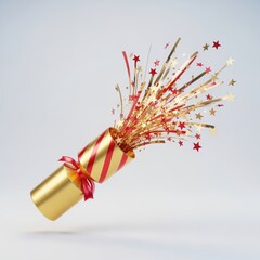 Elegant New Year Celebration Fireworks Confetti Cannon Explosion with Red and Gold Stars and Streamers for Festive Event Decoration