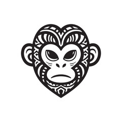 Bold Tribal Monkey Face Logo with Heart-Shaped Symmetry and Intricate Patterns. 