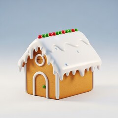 Festive gingerbread house decorated with colorful candies and white icing on a light blue background, ideal for Christmas holiday celebration