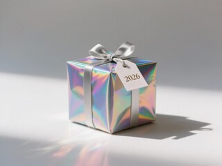 Elegant holographic gift box with shiny silver ribbon and bow, perfect for special occasions, celebrations, or gift-giving in 2026