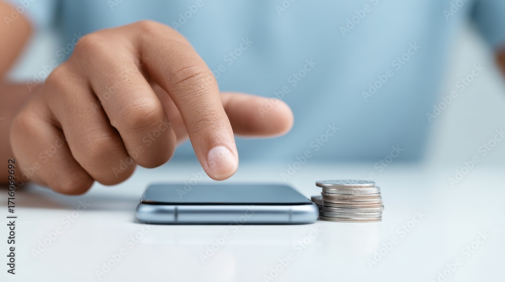 Poster a person is pointing at a cell phone with a stack of coins on the table
