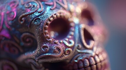 Close-up of a colorful decorative sugar skull with intricate patterns and vibrant hues, perfect for festive, cultural, or artistic promotions.