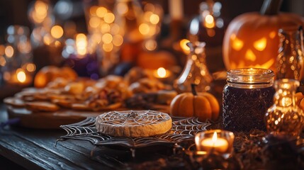 A festive Halloween table adorned with glowing candles, pumpkins, and themed treats. Warm, inviting atmosphere perfect for holiday promotions and seasonal advertising.