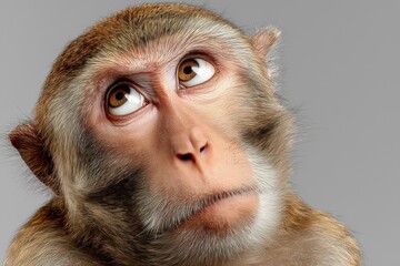 Close-up of a monkey with a humorous expression against a grey background. Perfect for ads focusing on emotions, wildlife, or playful themes.