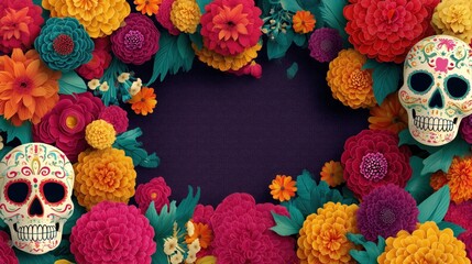 Vibrant floral arrangement with decorative skulls, symbolizing traditional autumn celebrations. Perfect for holiday, cultural, or festive-themed promotions.
