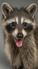 Close-up of a raccoon with a playful expression against a grey background, showcasing its curious nature. Perfect for wildlife, humor, or educational content.