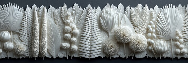 Detailed white floral arrangement with diverse textures and patterns, ideal for decor, design inspiration, or artistic projects. Perfect for elegant and creative themes.