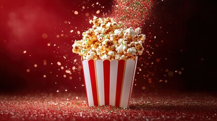 Festive popcorn in a striped box, sprinkled with colorful confetti