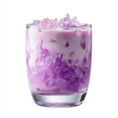 Artistic glass filled with vibrant taro milk drink, featuring a swirling purple hue and ice cubes, perfect for beverage promotions and culinary advertising.