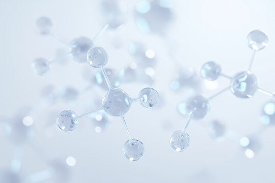 Transparent molecular model with soft blue lighting and floating spheres - Powered by Adobe