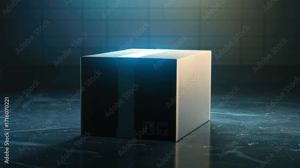 Poster a cardboard box sitting on a floor with no additional context