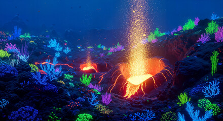 Obraz premium Underwater volcanic eruption with glowing coral reefs and lava spewing from the seabed in a vibrant, surreal, and fantastical ocean environment