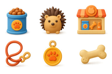 Adorable pet care icons: hedgehog, pet food, and toys in cute 3d style