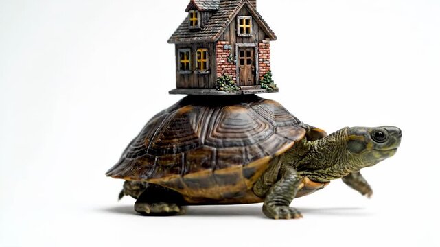A turtle carries a miniature house on its shell The scene is set against a plain white backdrop